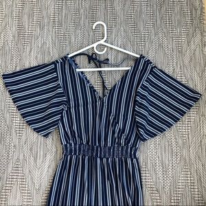 Express navy and white, wide leg, v neck jumpsuit
